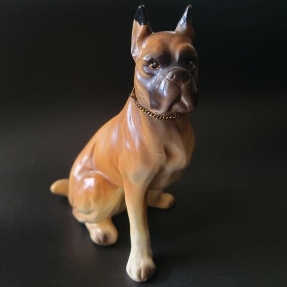 Vintage Sitting Boxer Dog Figurine Tan & Black with Chain Collar 5.75" - Picture 1 of 8